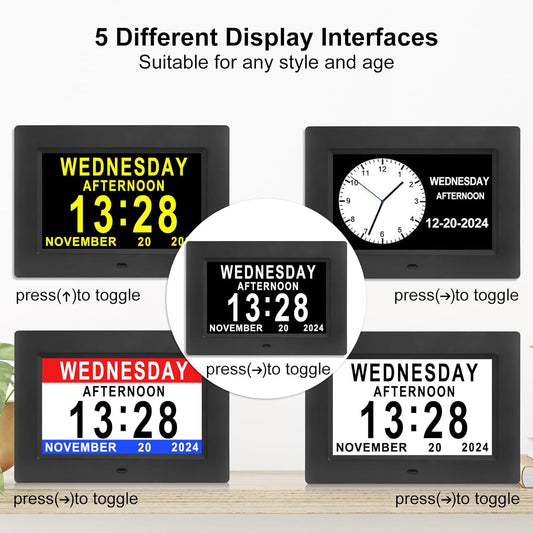 7'' Dementia Clocks with 12 Alarm Options, Digital Clock with Date and Day for Elderly,Large Clear Digits,Auto-Dim, 4 Diaplay, Digital Calendar Day Clock for Seniors (Black)