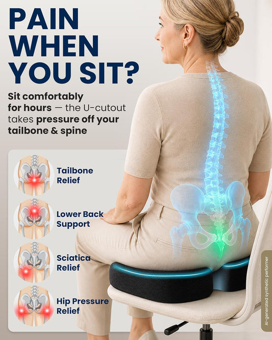 Ergonomic Seat Cushion – Memory Foam Comfort for Tailbone, Hip & Coccyx Sitting Support – Office Chair, Car, Desk, Wheelchair & Gaming – Black