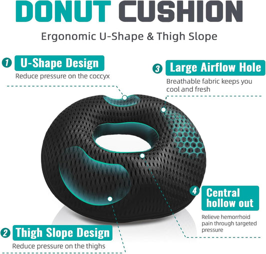 Donut Cushion & Coccyx Pillow for Tailbone Pain Relief with Large Airflow Hole, Dual U-Shape & Thigh Slope, Memory Foam Seat Cushion for Hemorrhoids, Postpartum – Office, Car, Wheelchair