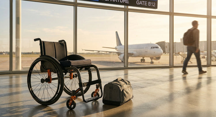 A folding wheelchair positioned beside luggage in a bright airport terminal with a plane visible through large windows in the background.