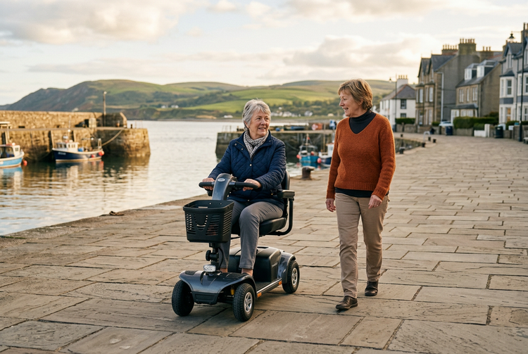 Illustration of a woman using a mobility scooter beside a companion on a British harbour promenade.