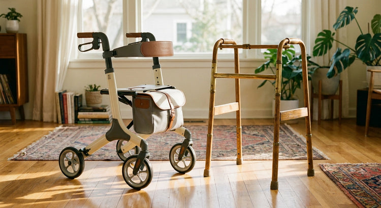 A rollator walker and a traditional walking frame placed side by side on a sunlit hardwood floor in a warm, homely interior setting.