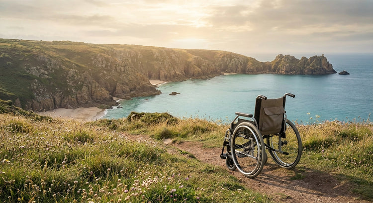 An empty wheelchair positioned at a scenic British coastal overlook, facing sweeping cliffs and a calm turquoise sea under golden afternoon light.
