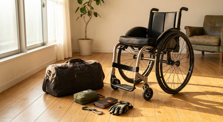 A wheelchair beside an open travel bag surrounded by neatly organised packing essentials in warm natural light, conveying confident and prepared travel.
