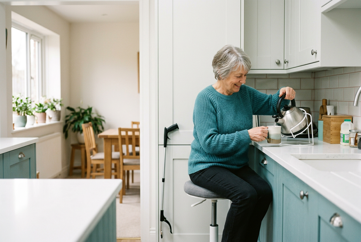 Older woman using a grab rail at home