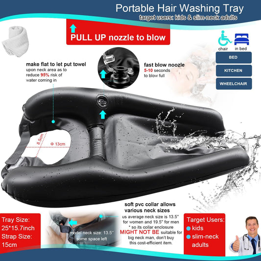Inflatable Hair Washing Tray Mouth Blow Portable Shampoo Bowl Sink in Bed or on Wheelchair for Handicapped Kids Seniors for Hair Washing Dyes Cuts