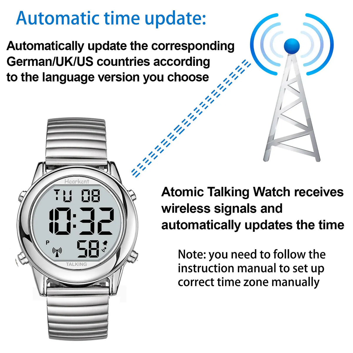 Man'S Watch for Blind Atomic Talking Watch German/English Radio Controlled Elderly Clock Watch with Alarm Wrist Watches