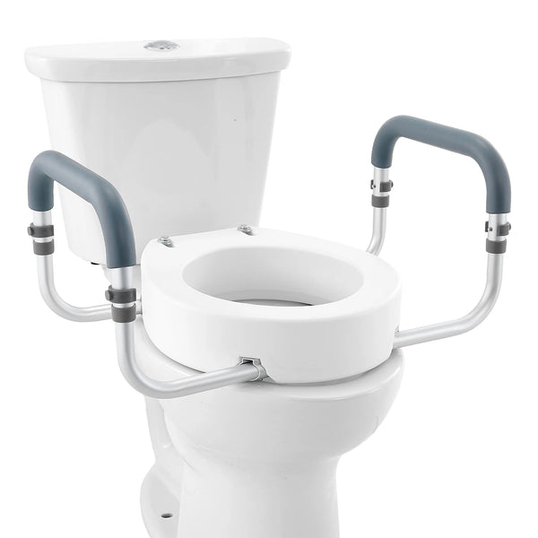 Succebuy Raised Toilet Seat 3.5" Height Raised 300 Lbs Weight Capacity for Standard round Toilet Aluminum Handrail