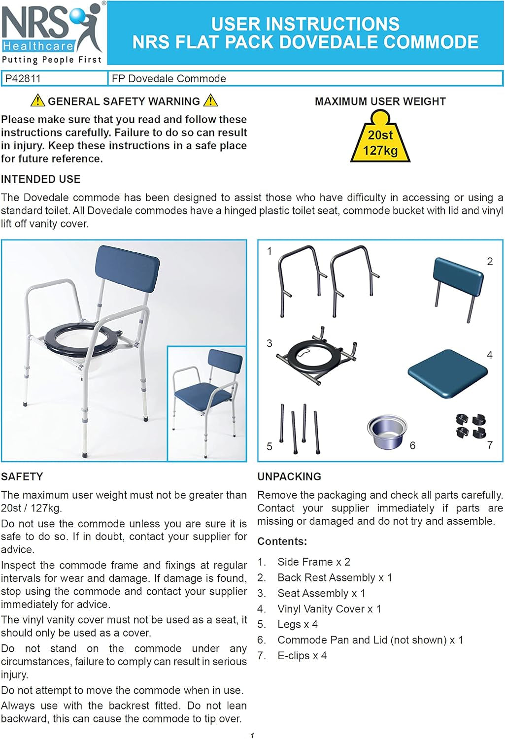 Compact Dovedale Commode with Seat & Backrest, Medium, Modern & Discreet, Height Adjustable to Suit User - Blue and White