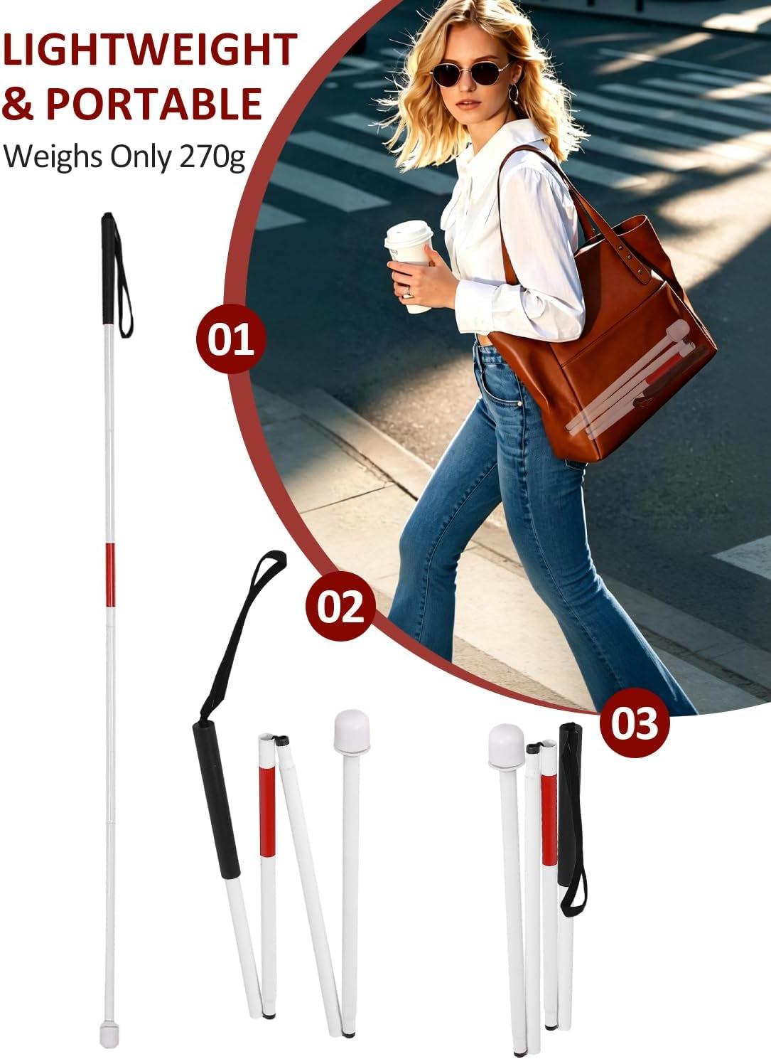 Folding Blind Cane, 127Cm / 50Inch Folding Walking Stick, Aluminium Alloy Walk Stick for Blind