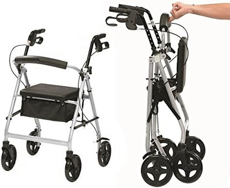 Ultra Lightweight Folding Rollator Wheeled Walker Walking Frame with Brakes, Seat and Bag - Only 5.8Kg, 15Cm Wheels - Choice of Colours (Silver)