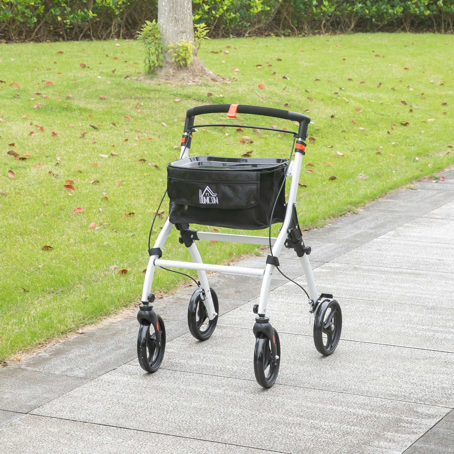 Folding Rollator Walker with Bag, Tray, Adjustable Height, for Seniors, White