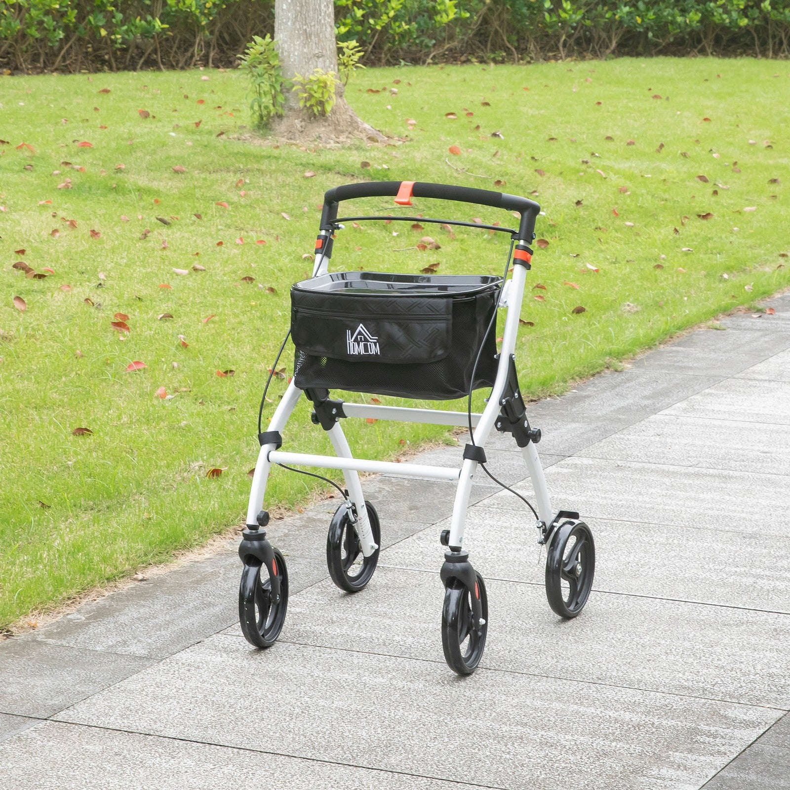 Folding Rollator Walker with Bag, Tray, Adjustable Height, for Seniors, White