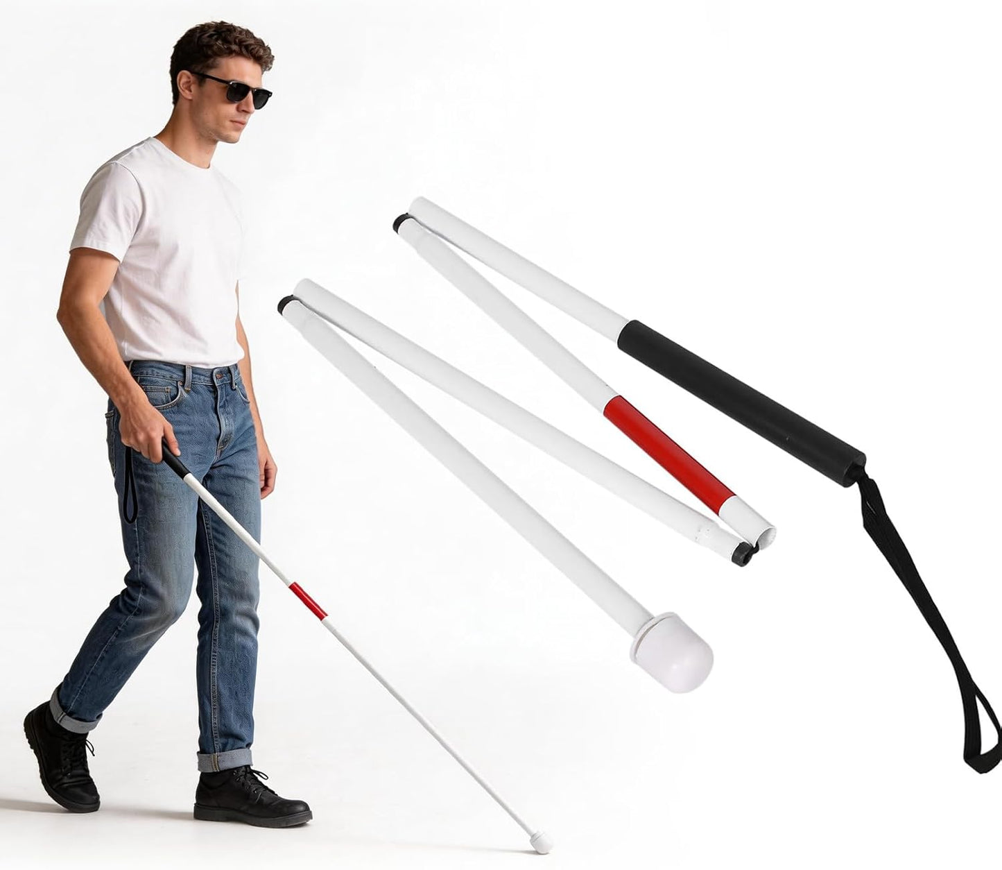 Folding Blind Cane, 127Cm / 50Inch Folding Walking Stick, Aluminium Alloy Walk Stick for Blind