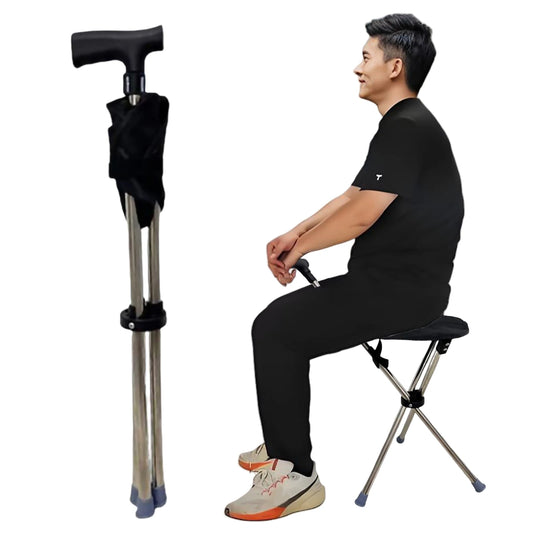 Foldable Walking Cane with Chair 2-In-1 Walking Stick for Elderly Unisex (Black)