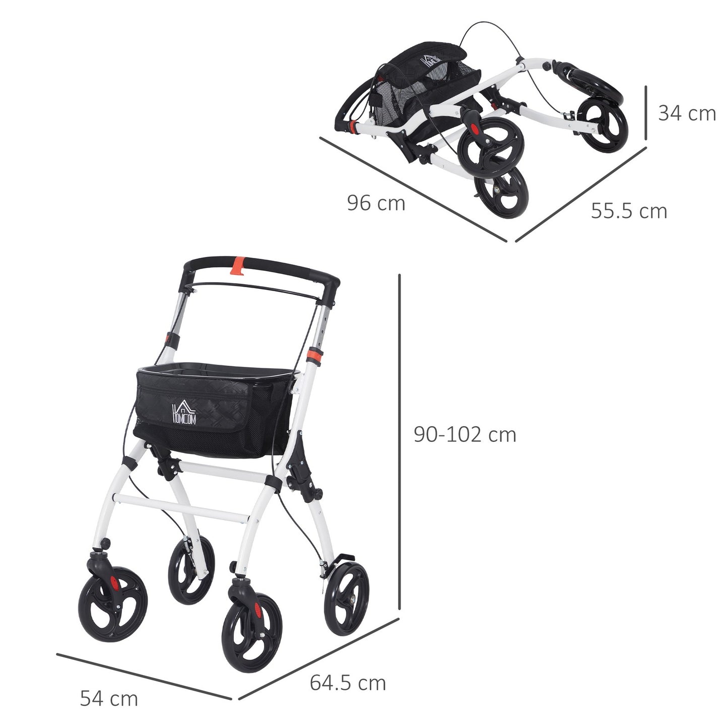 Folding Rollator Walker with Bag, Tray, Adjustable Height, for Seniors, White