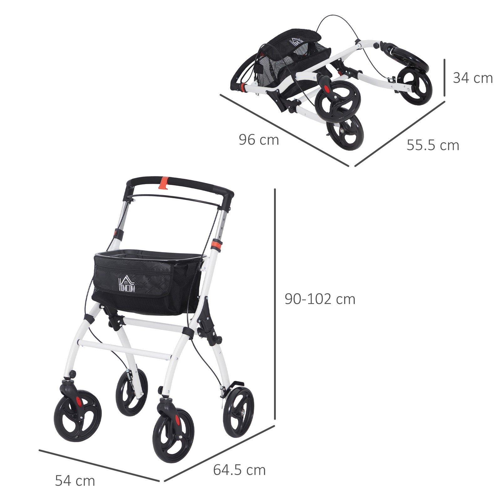 Folding Rollator Walker with Bag, Tray, Adjustable Height, for Seniors, White