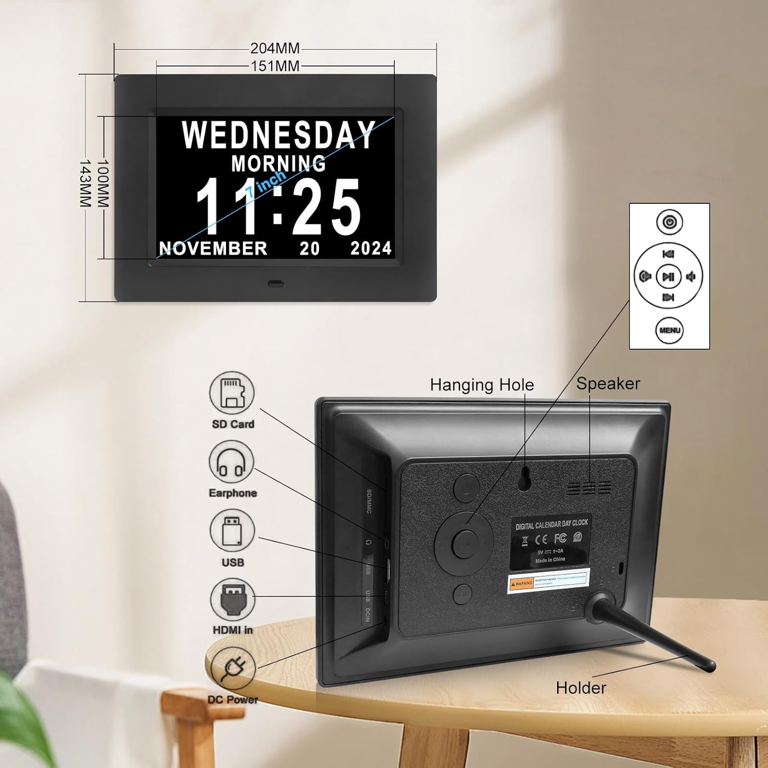 7'' Dementia Clocks with 12 Alarm Options, Digital Clock with Date and Day for Elderly,Large Clear Digits,Auto-Dim, 4 Diaplay, Digital Calendar Day Clock for Seniors (Black)