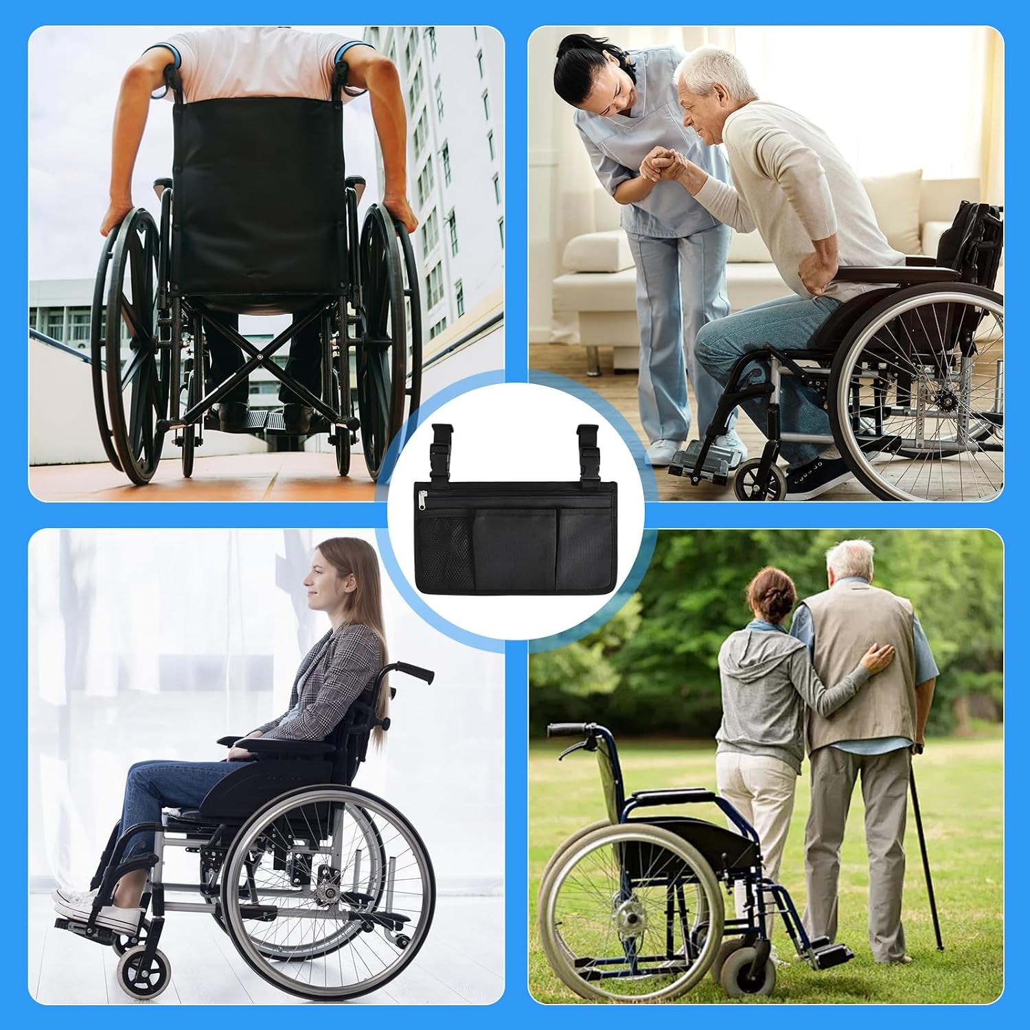 Wheelchair Side Bag, Wheelchair Side Storage Bag W/Cup Holder, Wheelchair Armrest Accessories Pouch with Pen Slot and Reflective Strips for Power Wheelchairs, Walkers, Rollators, Seniors (Black)
