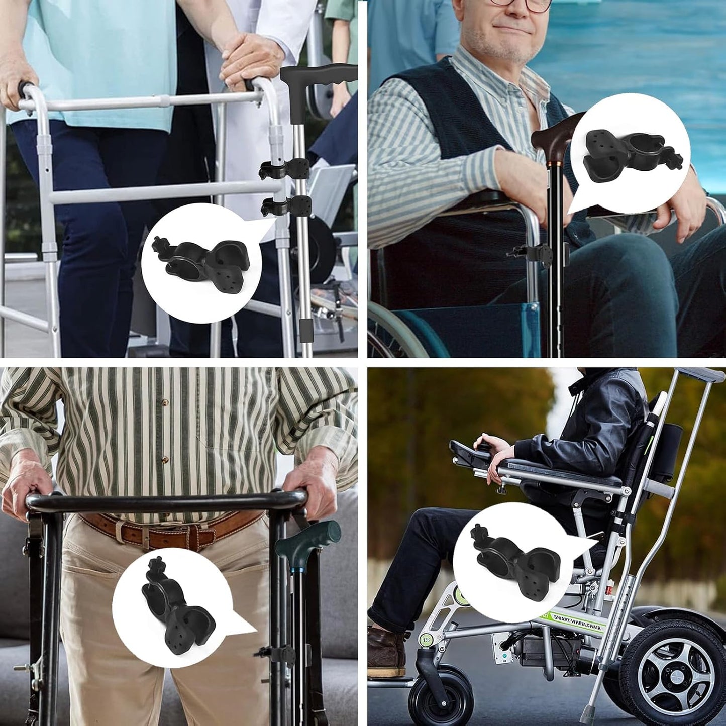 2Pcs Walking Stick Holder, Crutch Holder for Mobility Scooter with 360 Degree Rotatable Clip, Walking Stick Holder for Mobility Scooter, Easy Attach Mobility Scooter Accessories UK