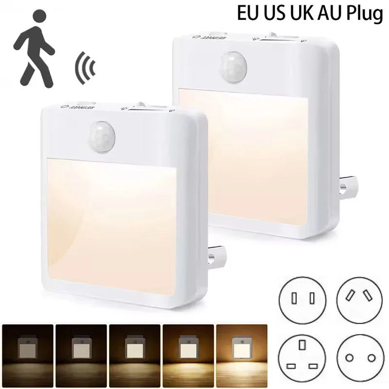 EU US UK AU Plug LED Motion Sensor Night Lights Living Room Auto Dusk Dawn Wireless Warm White Cabinet Lamp Decor Lighting