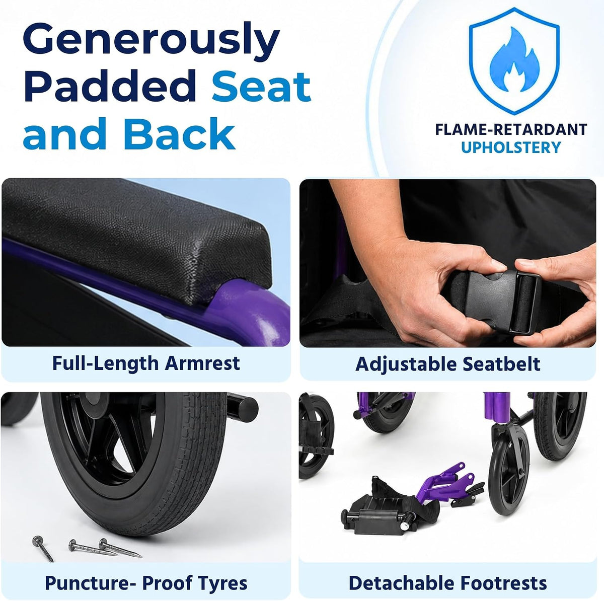 Compact Lightweight Wheelchair for Adults, Folding Wheelchair - Purple