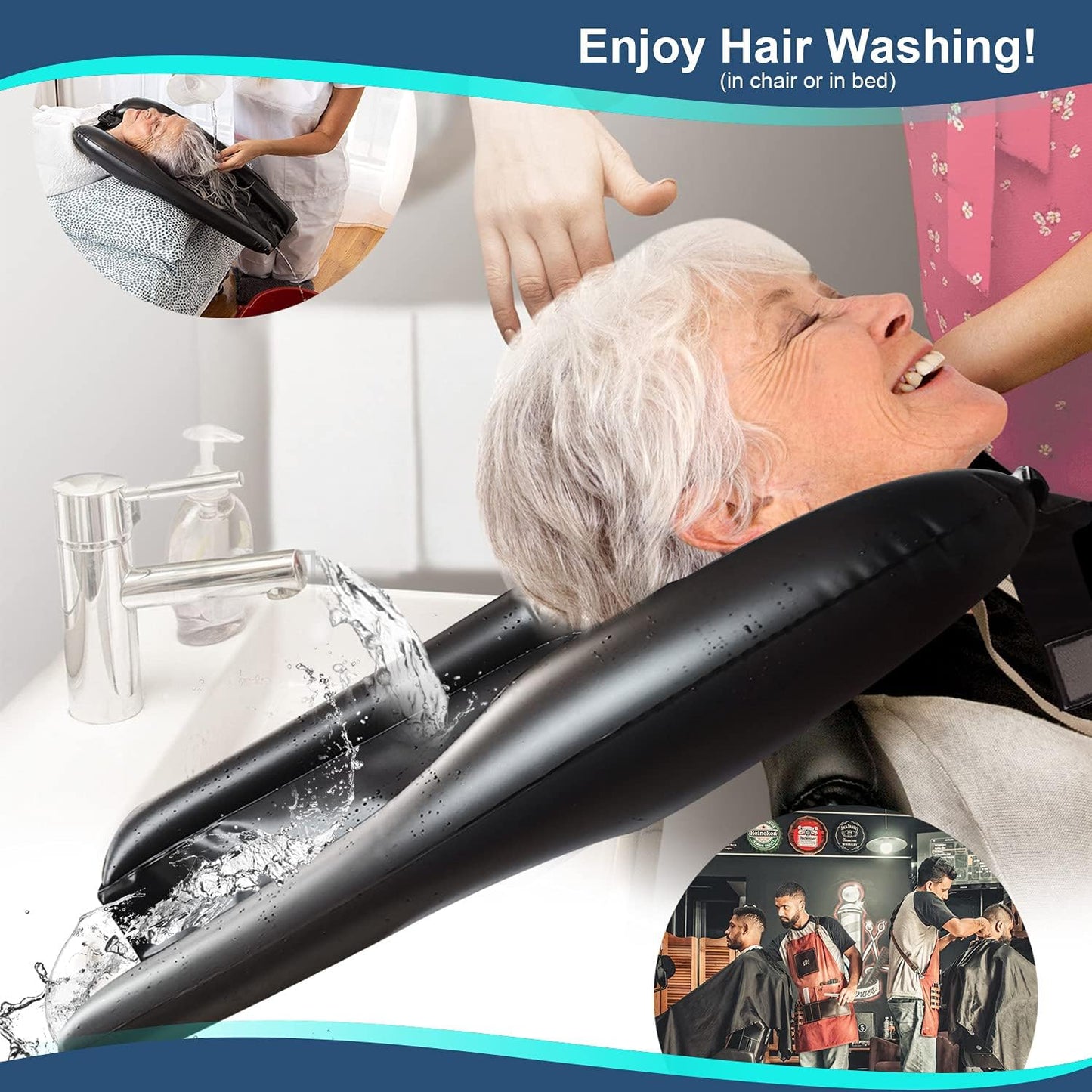 Inflatable Hair Washing Tray Mouth Blow Portable Shampoo Bowl Sink in Bed or on Wheelchair for Handicapped Kids Seniors for Hair Washing Dyes Cuts
