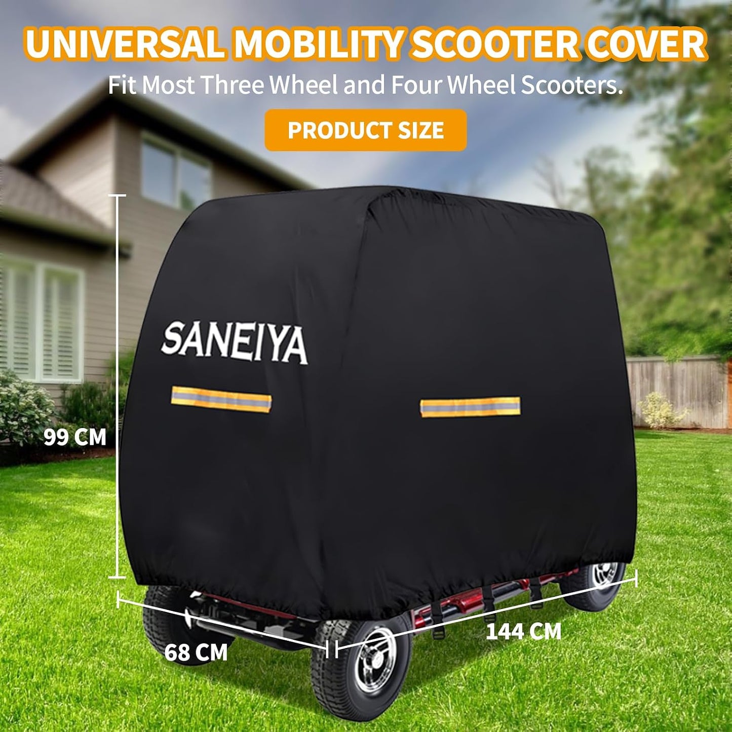 Mobility Scooter Covers for outside Storage, 420D Oxford Fabric Scooter Rain Cover Waterproof, Elastic Strap and Reflective Strips, 3 Buckles with Storage Bag (144 * 68 * 99Cm)