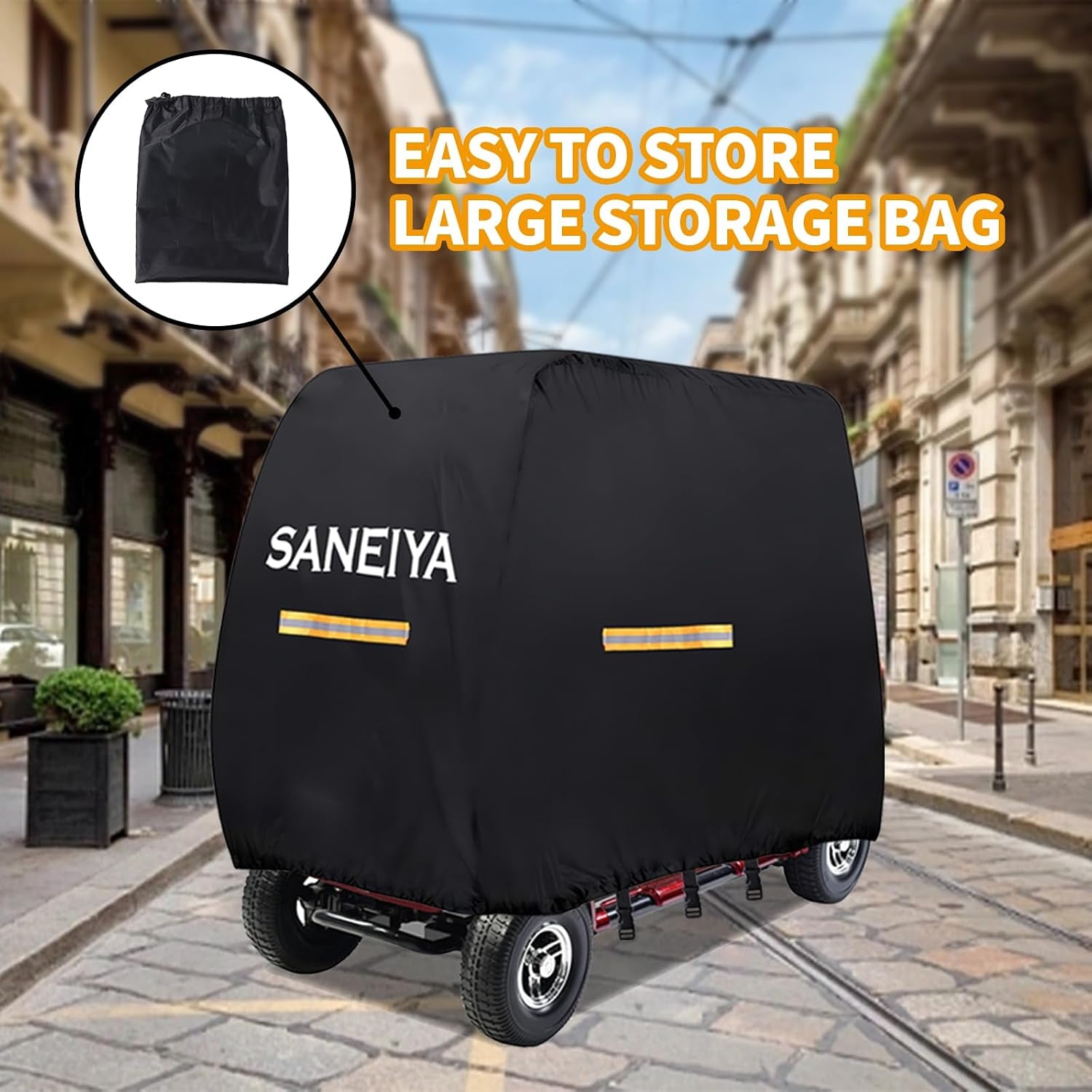 Mobility Scooter Covers for outside Storage, 420D Oxford Fabric Scooter Rain Cover Waterproof, Elastic Strap and Reflective Strips, 3 Buckles with Storage Bag (144 * 68 * 99Cm)