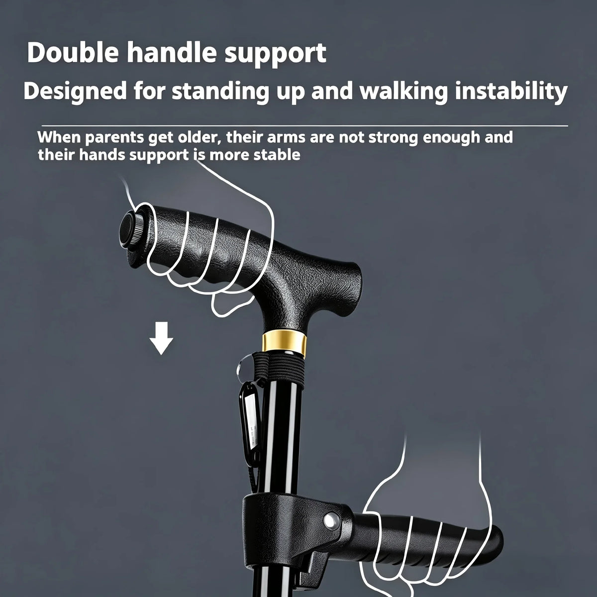 Walking Cane for Seniors - Adjustable Double Handle, 10-Height Quad Cane with Shock Absorption, Lightweight Mobility Aid