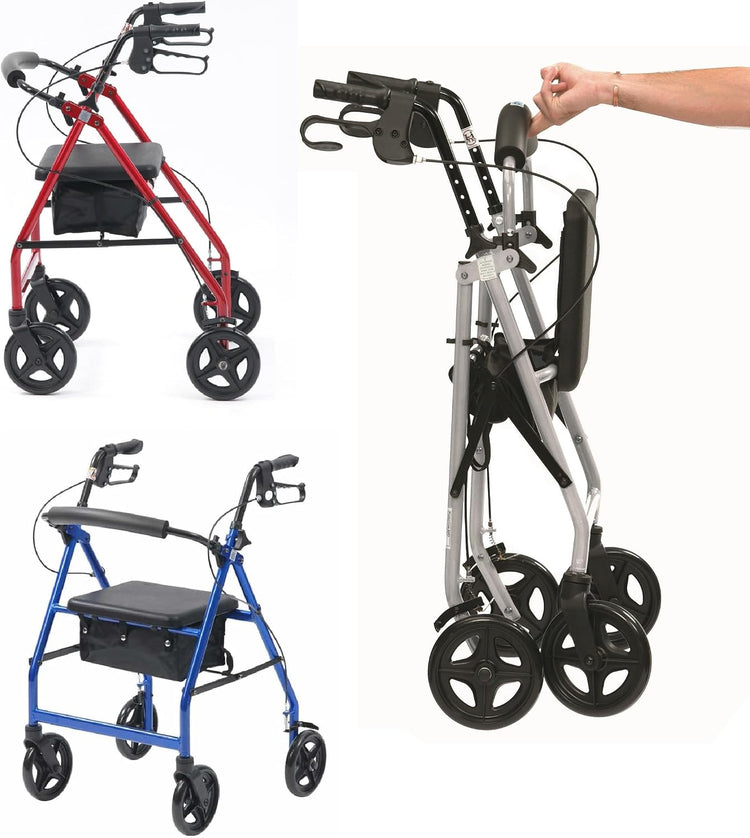 Ultra Lightweight Folding Rollator Wheeled Walker Walking Frame with Brakes, Seat and Bag - Only 5.8Kg, 15Cm Wheels - Choice of Colours (Silver)