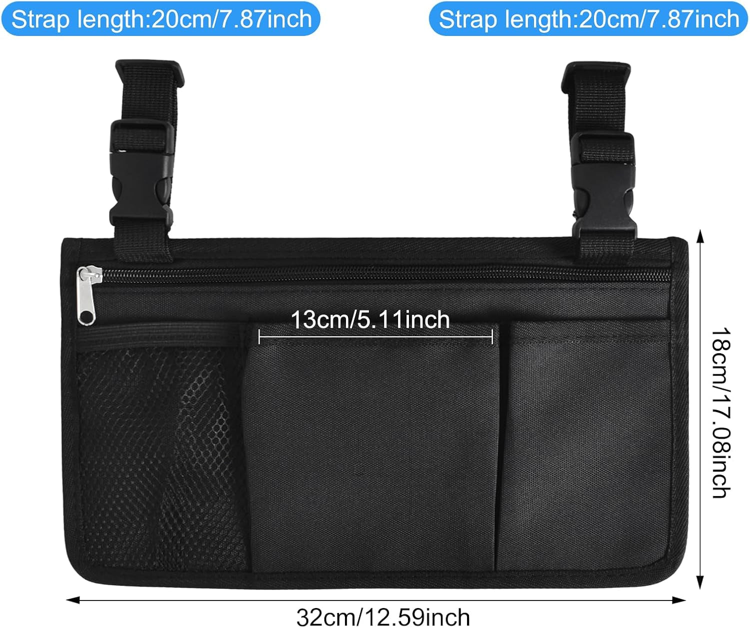 Wheelchair Side Bag, Wheelchair Side Storage Bag W/Cup Holder, Wheelchair Armrest Accessories Pouch with Pen Slot and Reflective Strips for Power Wheelchairs, Walkers, Rollators, Seniors (Black)