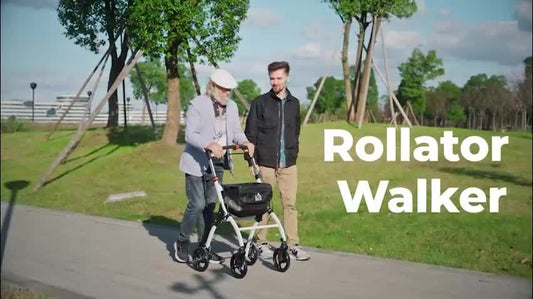 Folding Rollator Walker with Bag, Tray, Adjustable Height, for Seniors, White