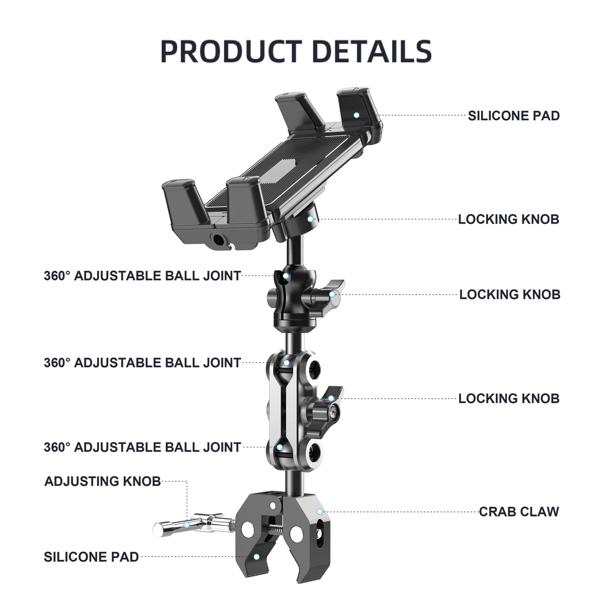 Phone and Tablet Holder for Treadmill/Spin Bike/Stroller/Wheelchair/Golf Cart/Poles/Music Stand/Stationary Bike