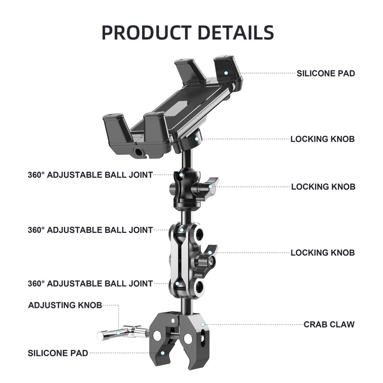 Phone and Tablet Holder for Treadmill/Spin Bike/Stroller/Wheelchair/Golf Cart/Poles/Music Stand/Stationary Bike