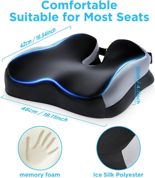 Seat Cushions for Tailbone Sciatica Pain Relief,Coccyx Cushion Orthopedic Memory Foam Seat Non-Slip Base&Locking Buckles,Ergonomic Hip Back Support for Office Chair,Car Driving