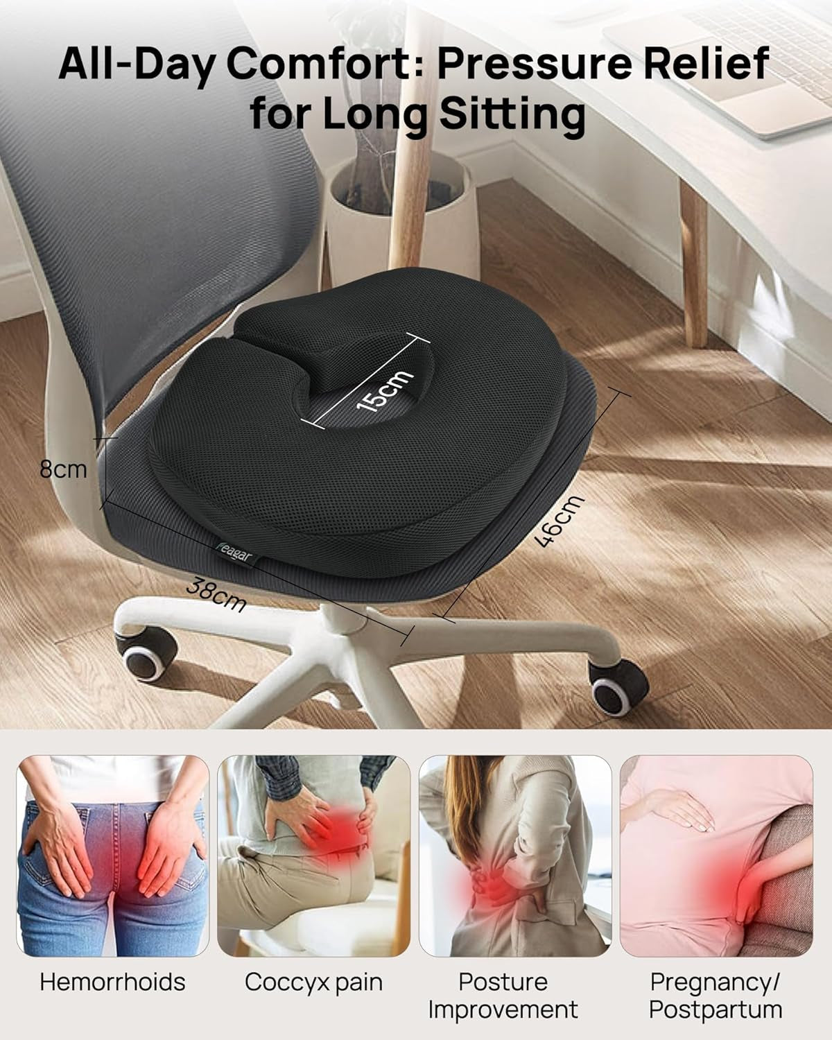 Donut Cushion with Adjustable Buckle, Hemorrhoid & Ring Cushion for Pressure Relief, Memory Foam Doughnut Cushion for Long Sitting, Coccyx & Tailbone Support for Office Chair, Wheelchair