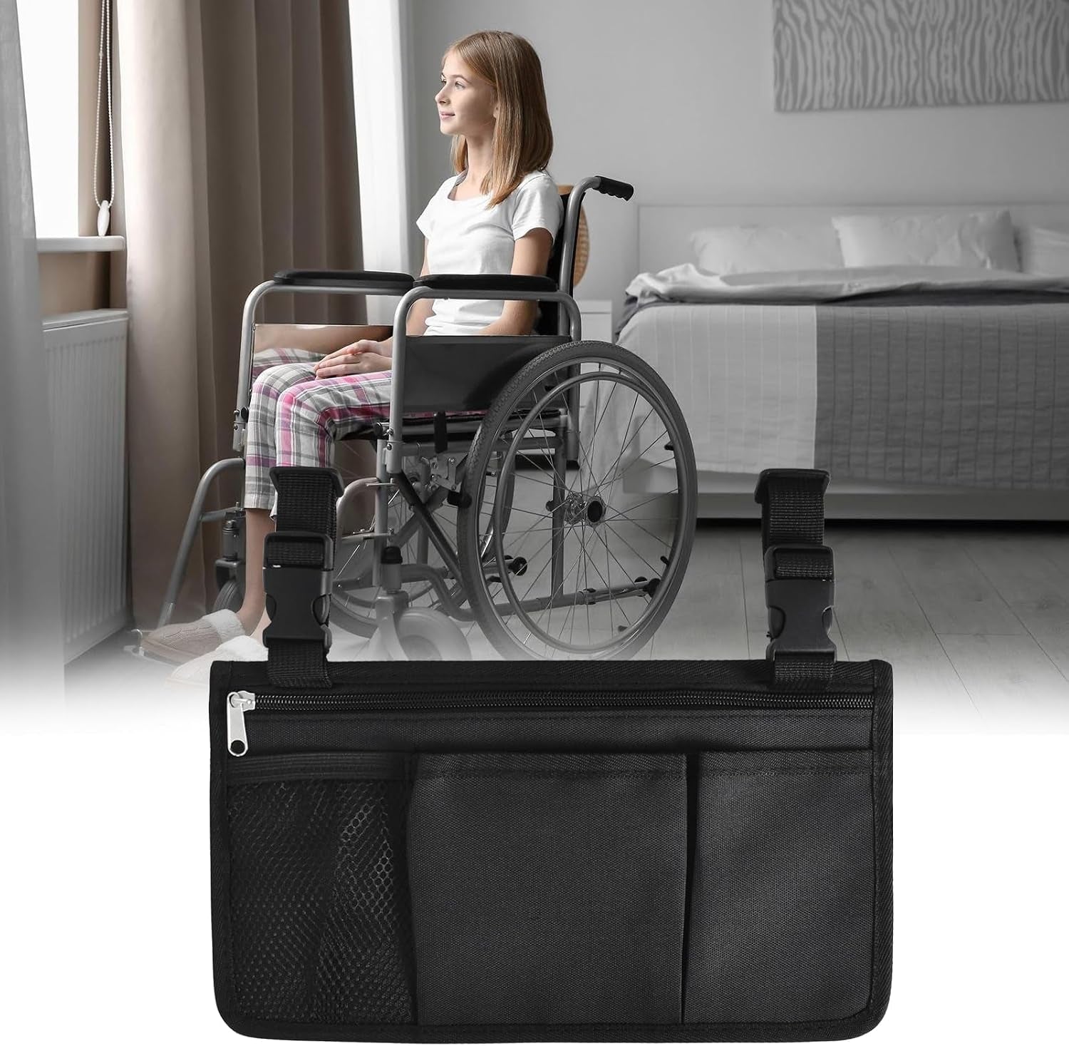 Wheelchair Side Bag, Wheelchair Side Storage Bag W/Cup Holder, Wheelchair Armrest Accessories Pouch with Pen Slot and Reflective Strips for Power Wheelchairs, Walkers, Rollators, Seniors (Black)