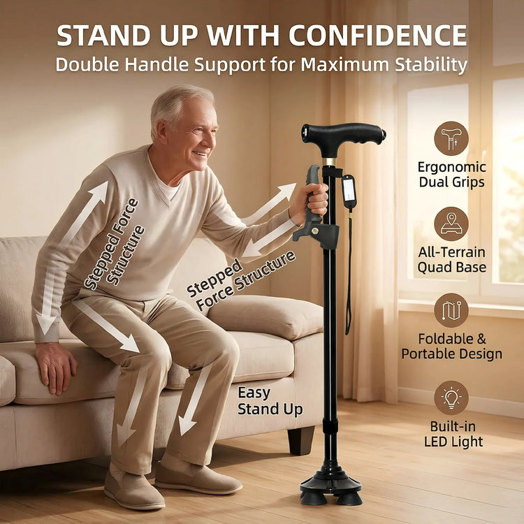 Walking Cane for Seniors - Adjustable Double Handle, 10-Height Quad Cane with Shock Absorption, Lightweight Mobility Aid