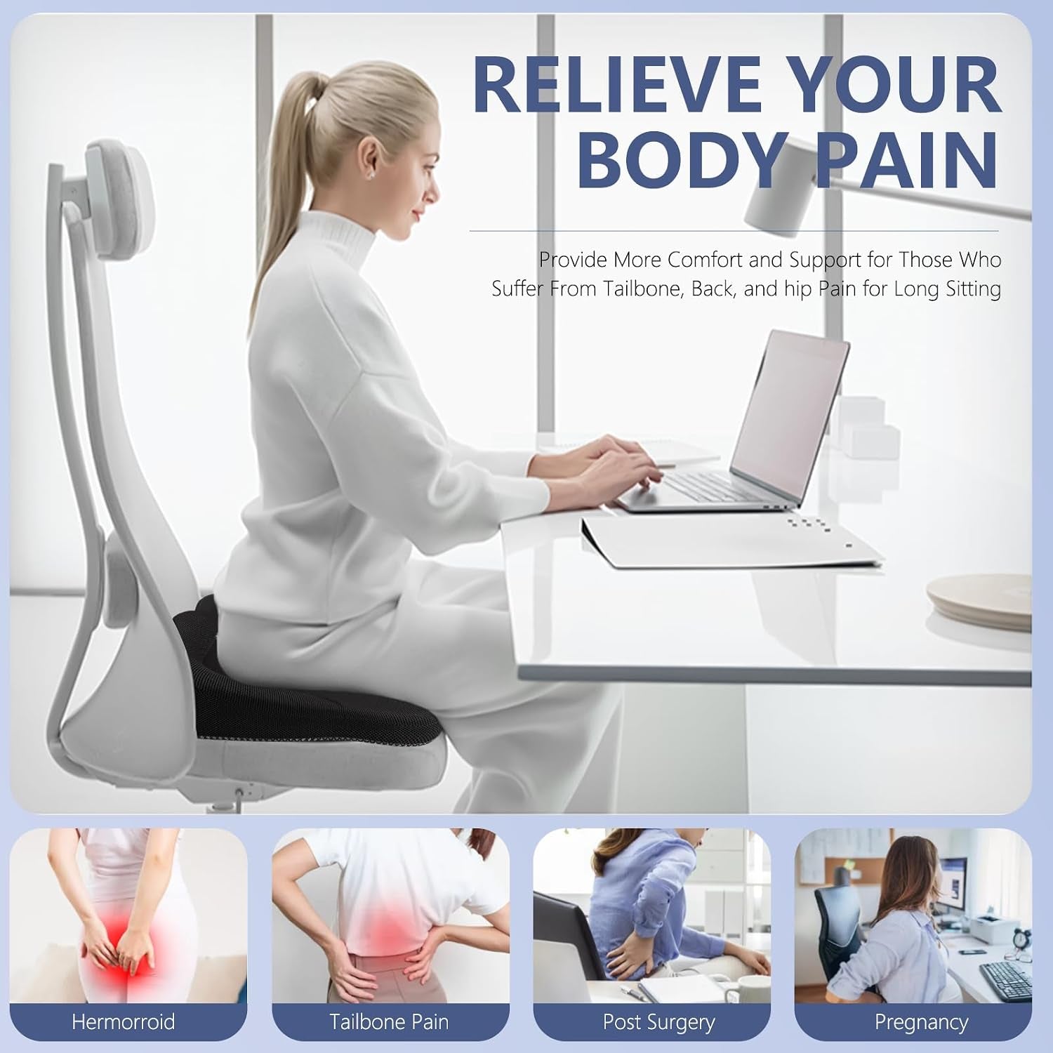 Gel Seat Cushion for Office Chair, Car Seat Cushion Chiar Ergonomic Anti-Slip Gel Non-Slip Seat Back Butt Support Cushion, Tailbone, Sciatica Long Sitting Tailbone Pain Relief