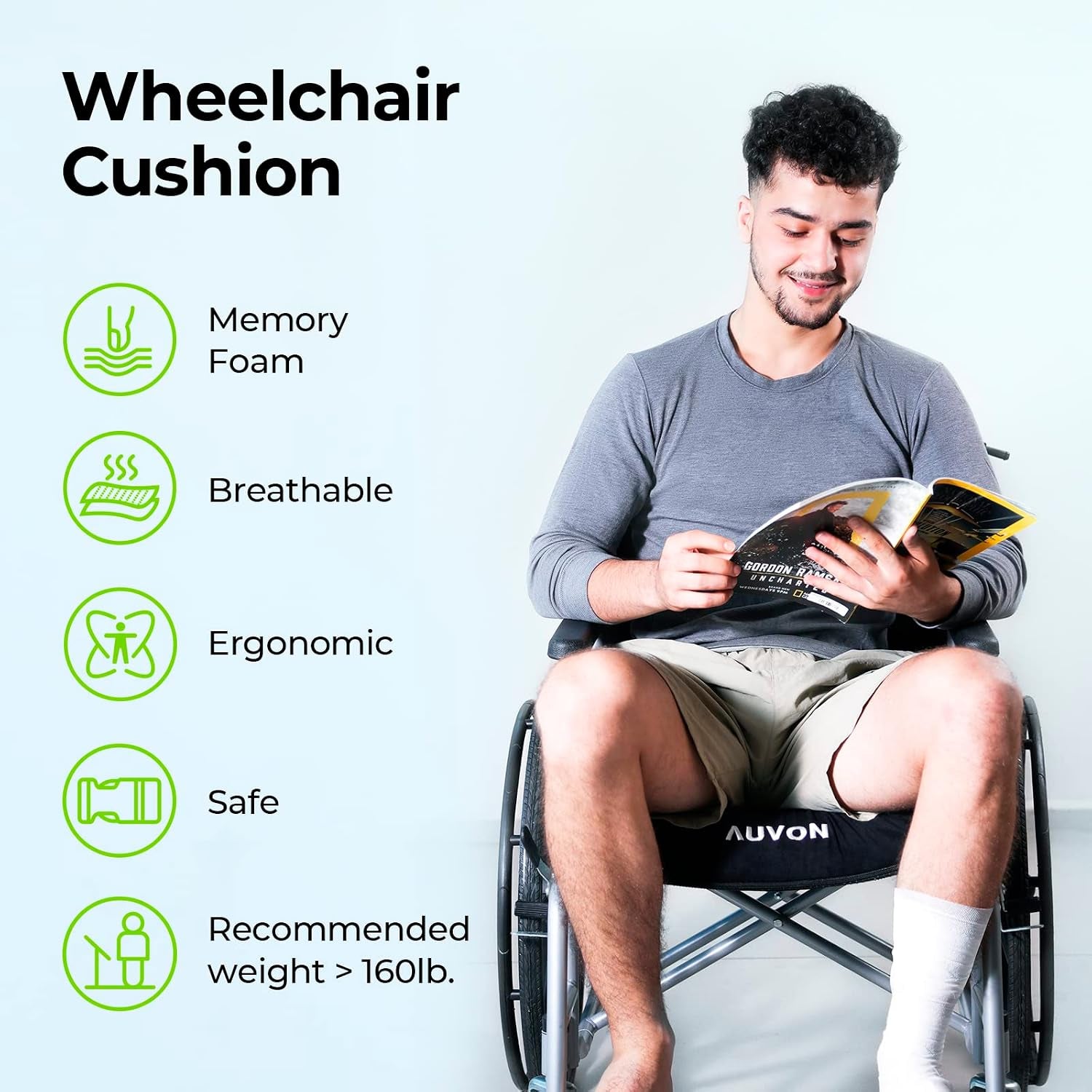 Wheelchair Seat Cushions for Sciatica, Back, Coccyx, Pressure Sore and Ulcer Pain Relief, Memory Foam Pressure Relief Cushion with Detachable Safety Strap, Breathable & Waterproof Fabric