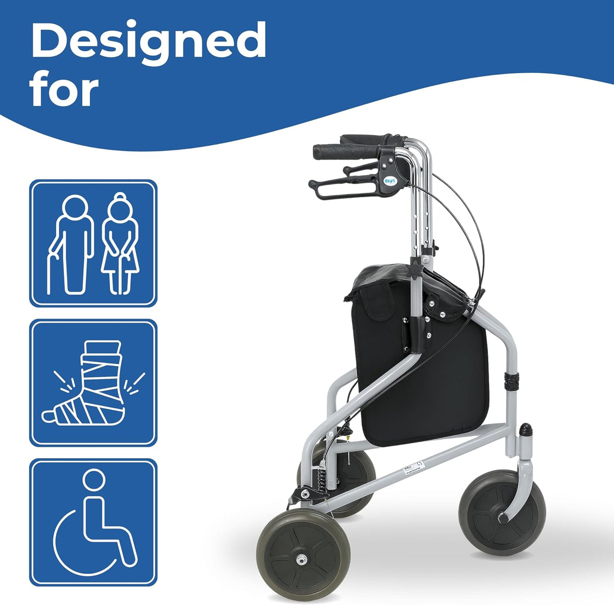 Tri Wheel Folding Walker, Height Adjustable, Blue