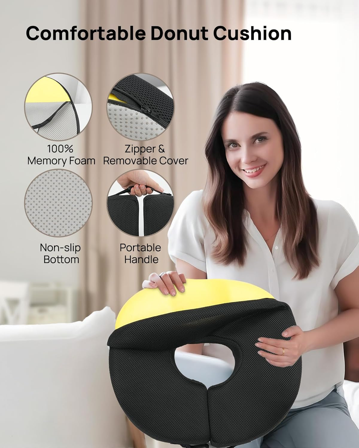 Donut Cushion with Adjustable Buckle, Hemorrhoid & Ring Cushion for Pressure Relief, Memory Foam Doughnut Cushion for Long Sitting, Coccyx & Tailbone Support for Office Chair, Wheelchair