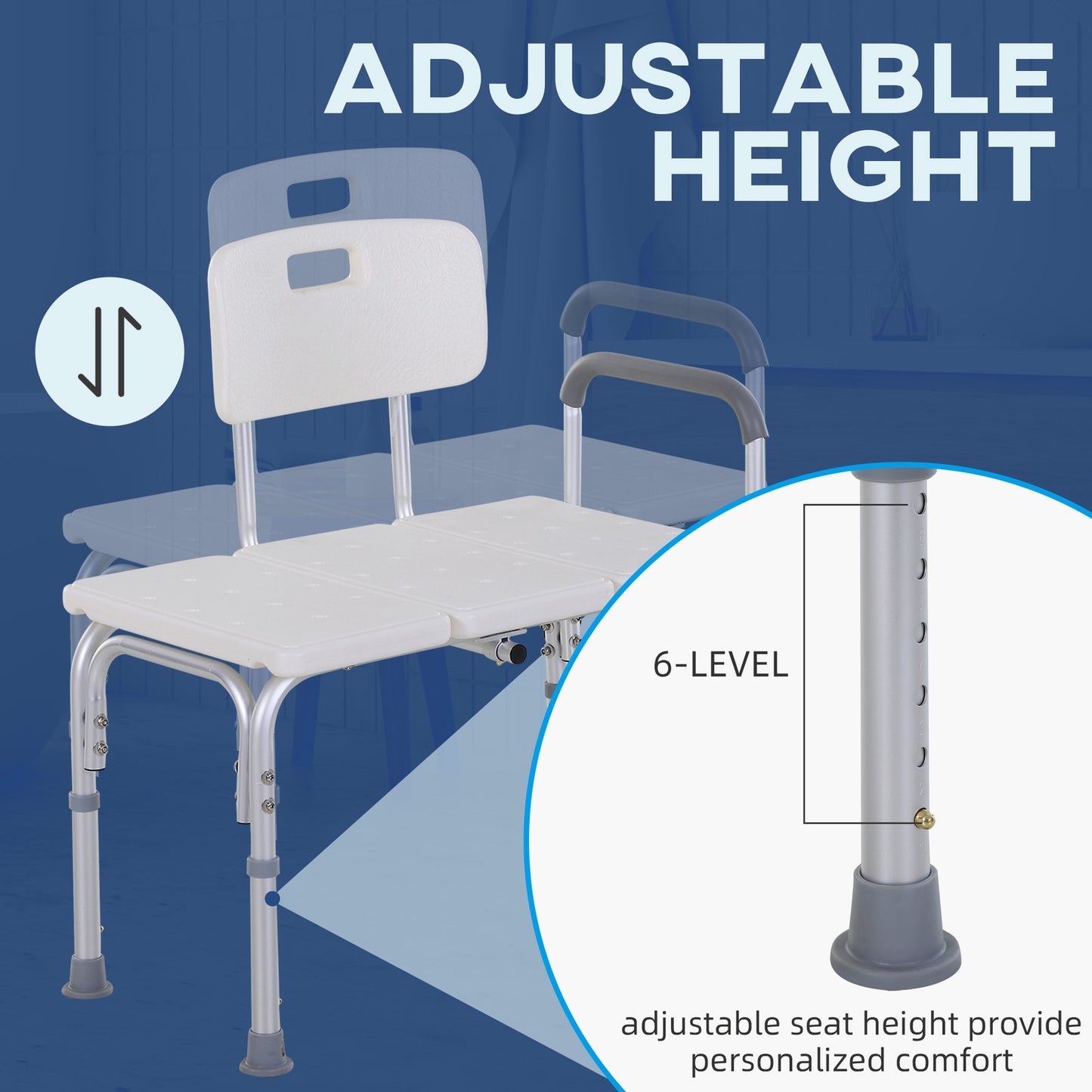 Non Slip Bath Transfer Bench for Elderly with Adjustable Height 300Lbs Capacity