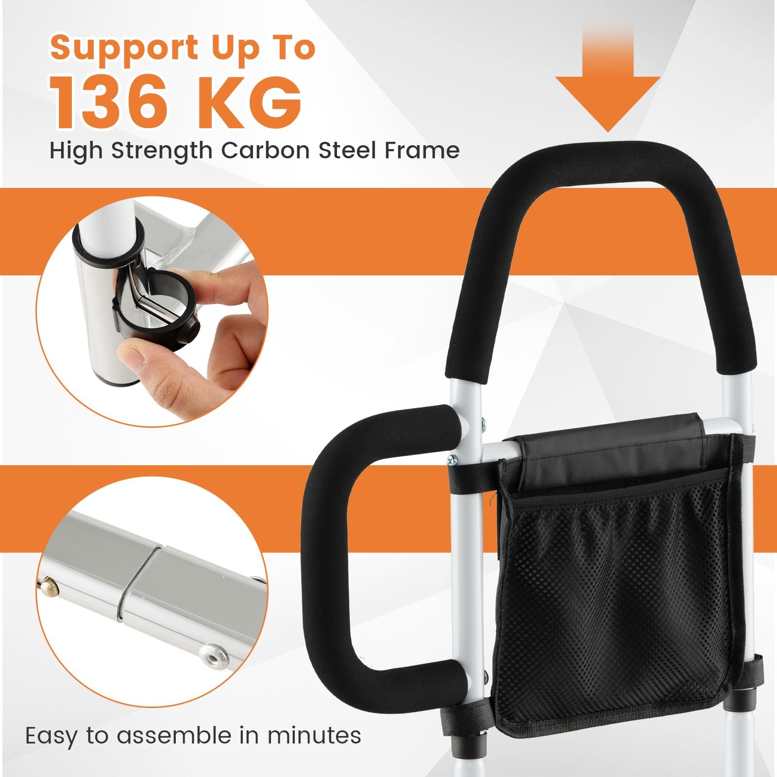 Bed Rail with Dual Handrail for Elderly Adults Support up to 300 LBS