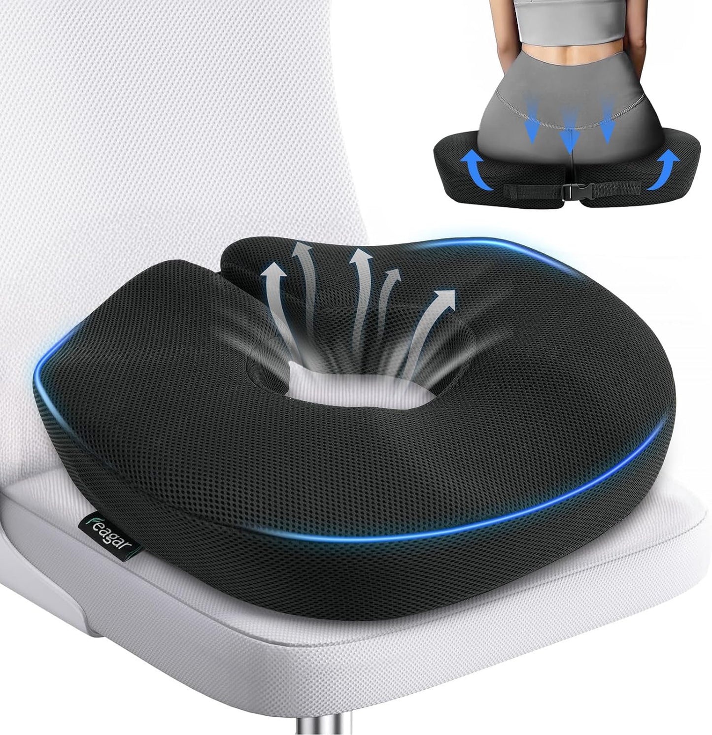 Donut Cushion with Adjustable Buckle, Hemorrhoid & Ring Cushion for Pressure Relief, Memory Foam Doughnut Cushion for Long Sitting, Coccyx & Tailbone Support for Office Chair, Wheelchair