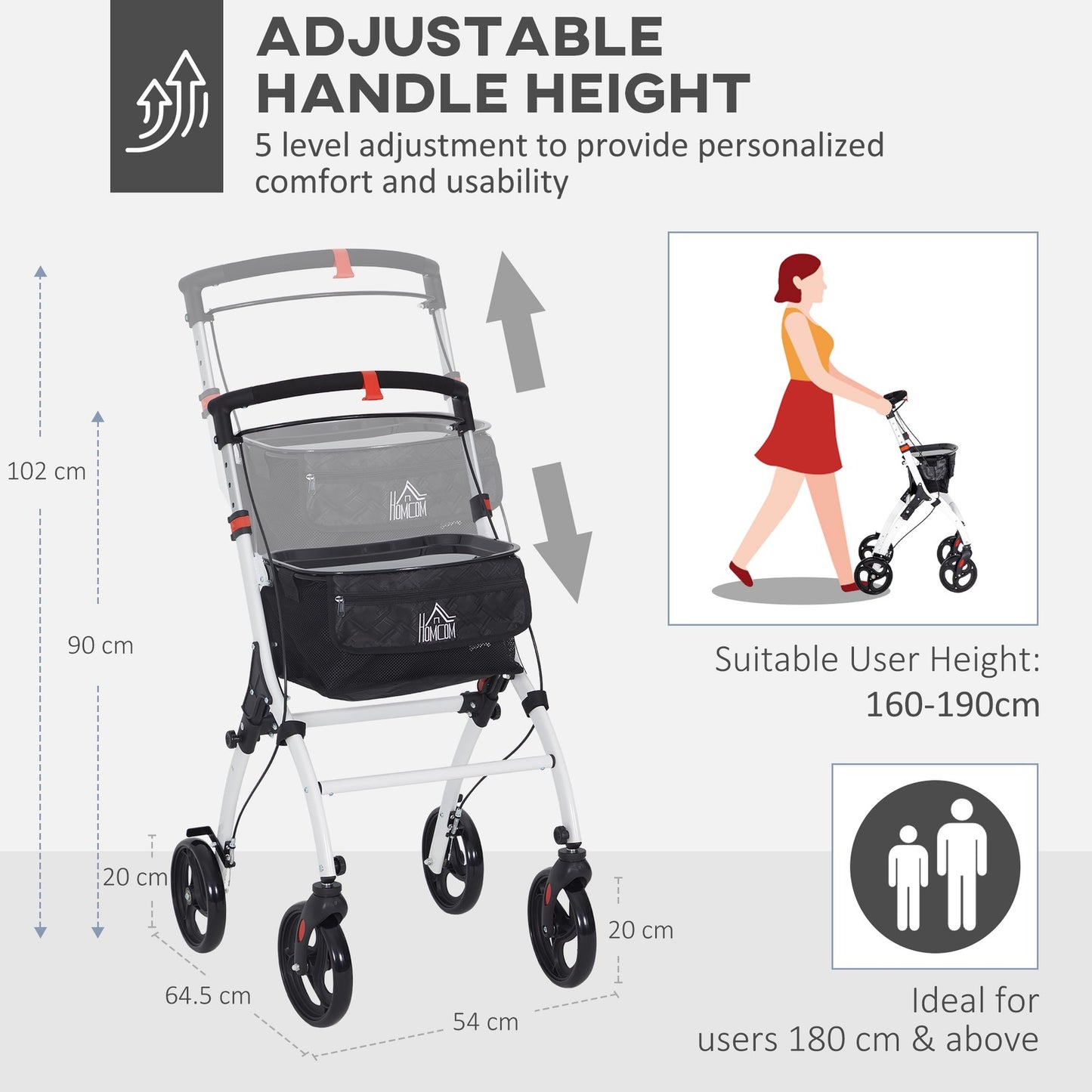 Folding Rollator Walker with Bag, Tray, Adjustable Height, for Seniors, White