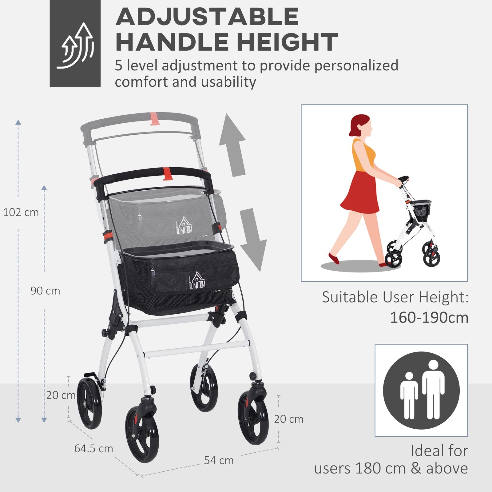 Folding Rollator Walker with Bag, Tray, Adjustable Height, for Seniors, White