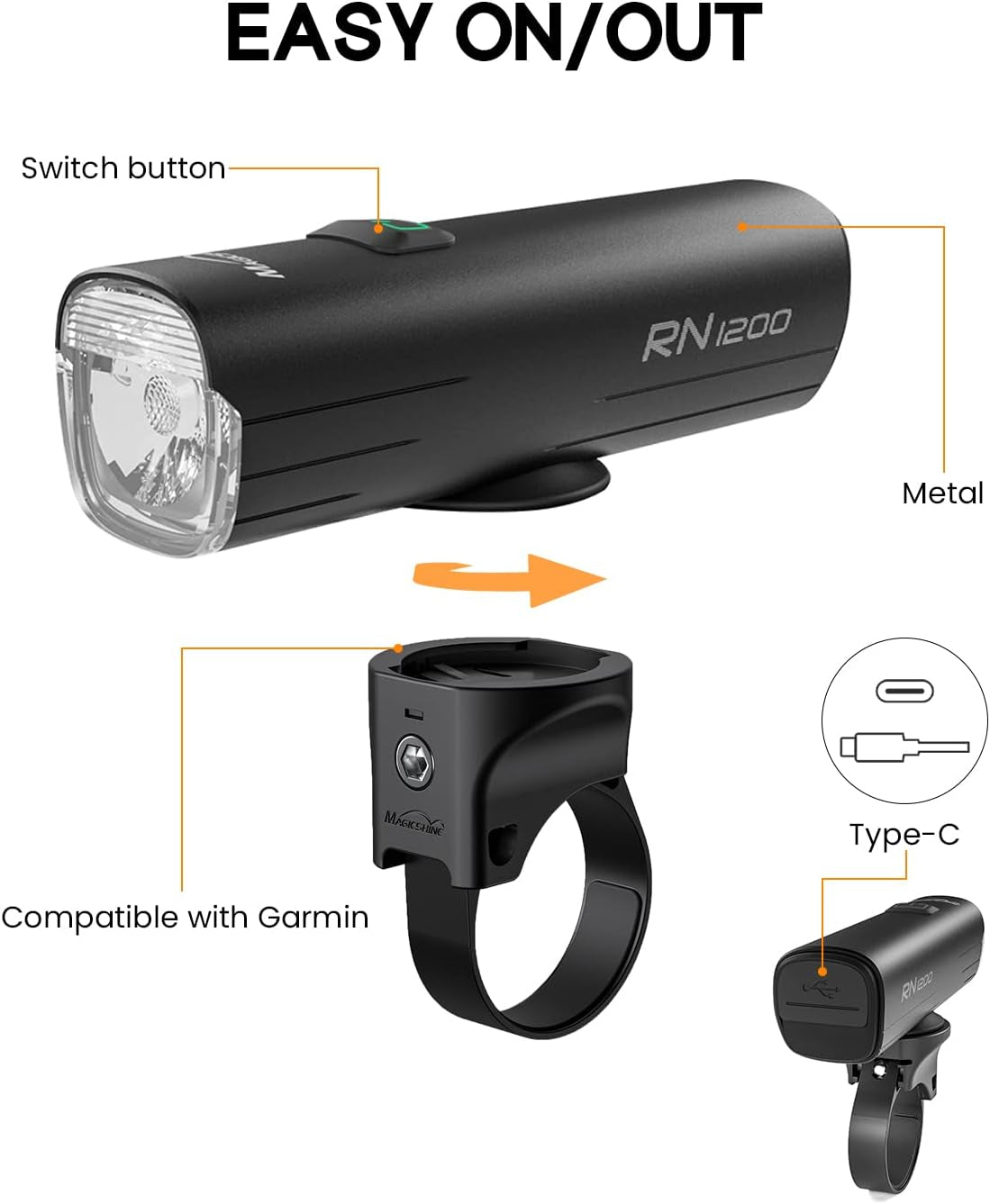 Front Light,Rn 1200 Lumens Powerful LED TYPE-C Rechargeable Bicycle Lights,Ipx 7 Waterproof MTB Mountain Bicycle Headlight,7 Light Modes Fits All Bicycles