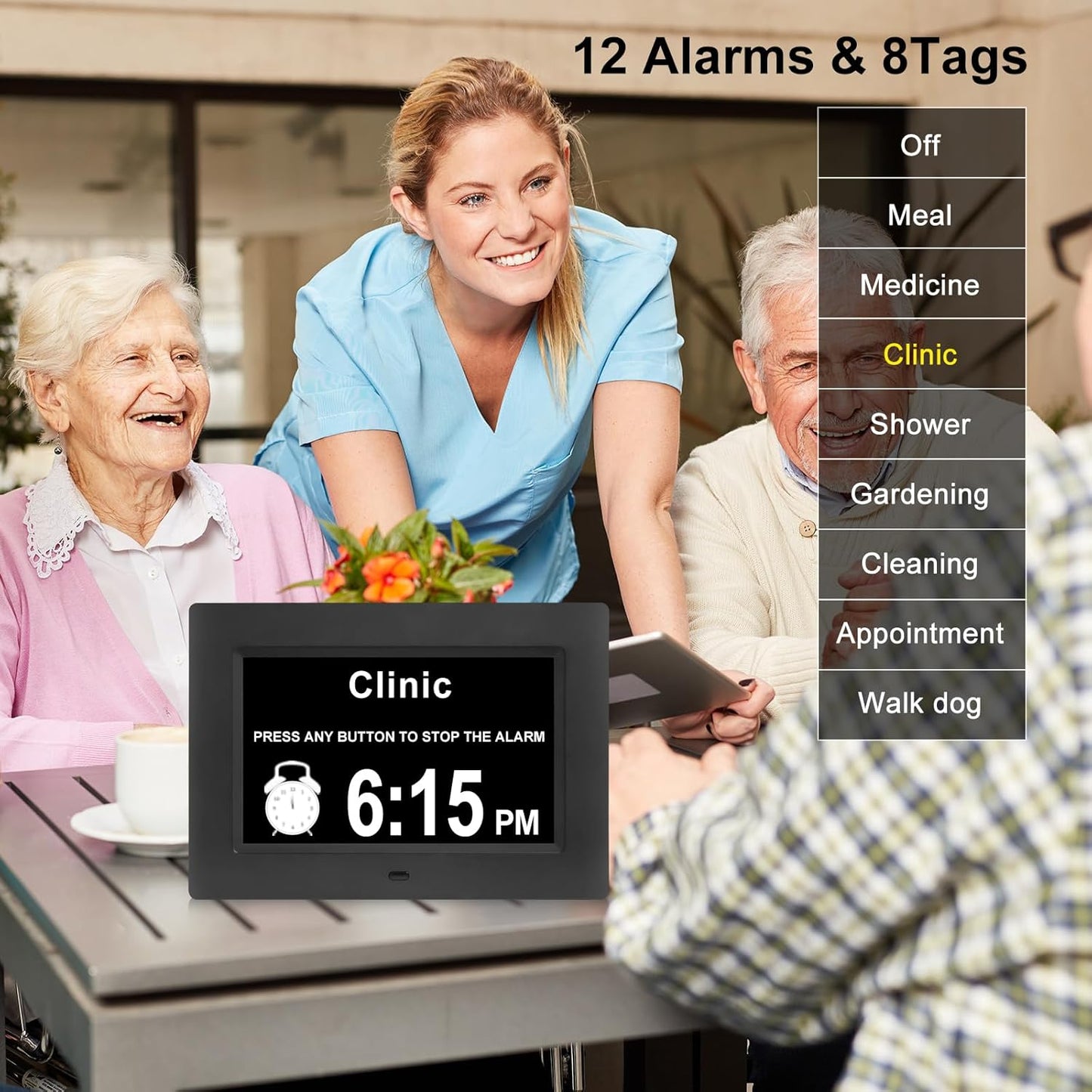 7'' Dementia Clocks with 12 Alarm Options, Digital Clock with Date and Day for Elderly,Large Clear Digits,Auto-Dim, 4 Diaplay, Digital Calendar Day Clock for Seniors (Black)